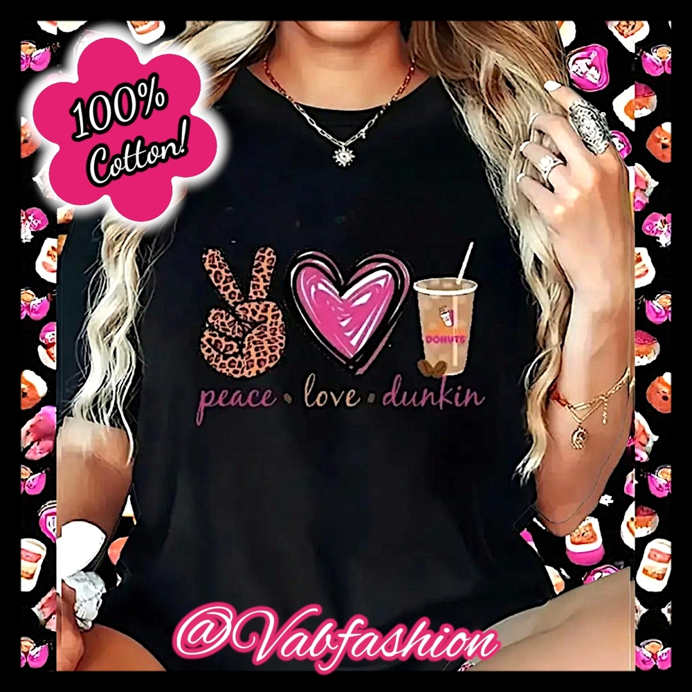 "Peace, Love, Dunkin'" Graphic Tee - Leopard Print ✌️Pink Heart & Coffee Design!